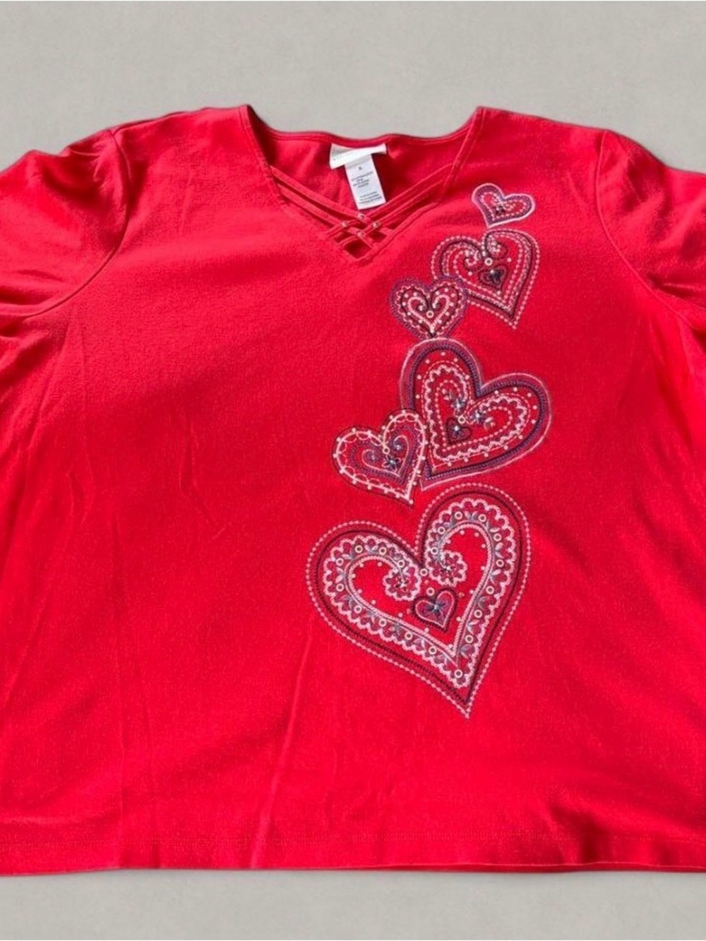 Alfred Dunner Red Long Sleeve Top with Embroidered Hearts